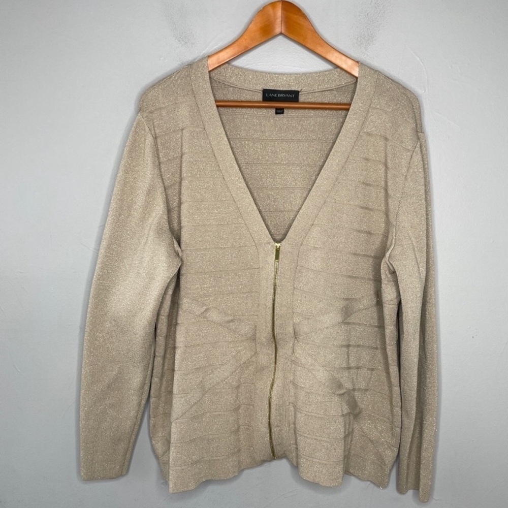 LANE BRYANT Gold Tan Stretch Knit Metallic Zip Up Cardigan Sweater Size 22/24